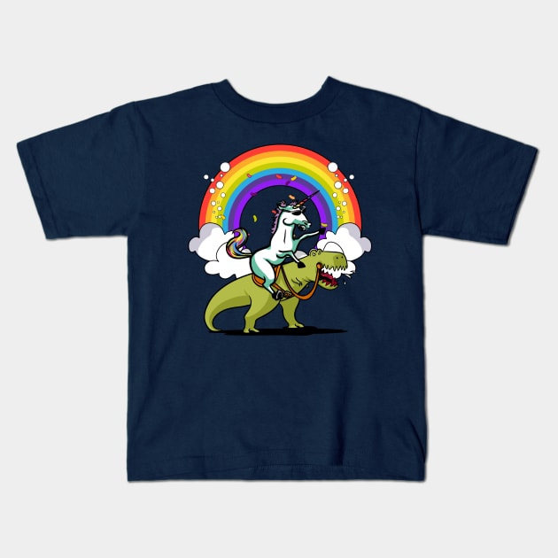 Unicorn Riding T-Rex Dinosaur Party Kids T-Shirt by underheaven